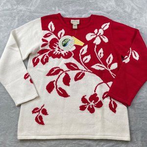 Belle Isle Sweater Medium Red White Floral Colorblock Intarsia Ramie Cotton QVC